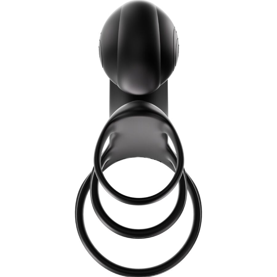 Anneau de couple Jovi Arc noir de face, tete spiralee et triple anneau souple en silicone, cockring pour couples stimulation clitoridienne directe avec telecommande.