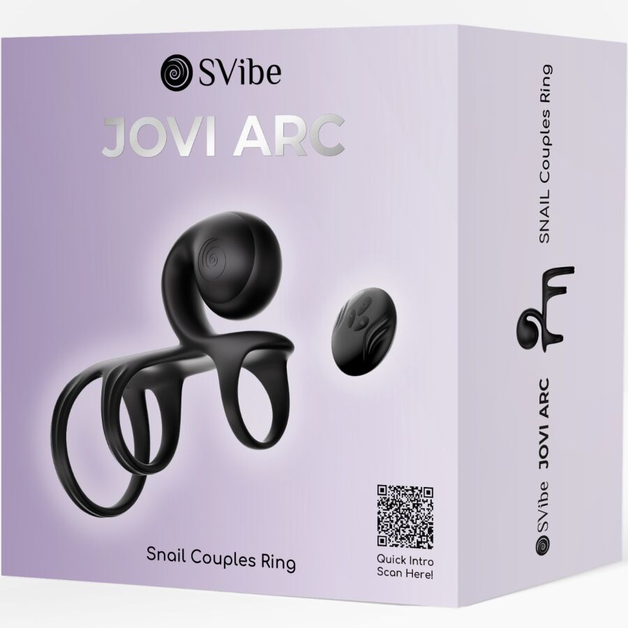 Boite SVibe Jovi Arc lilas Snail Couples Ring de trois quarts, visuel de l'anneau triple et de la telecommande, packaging du cockring vibrant pour couples en silicone.
