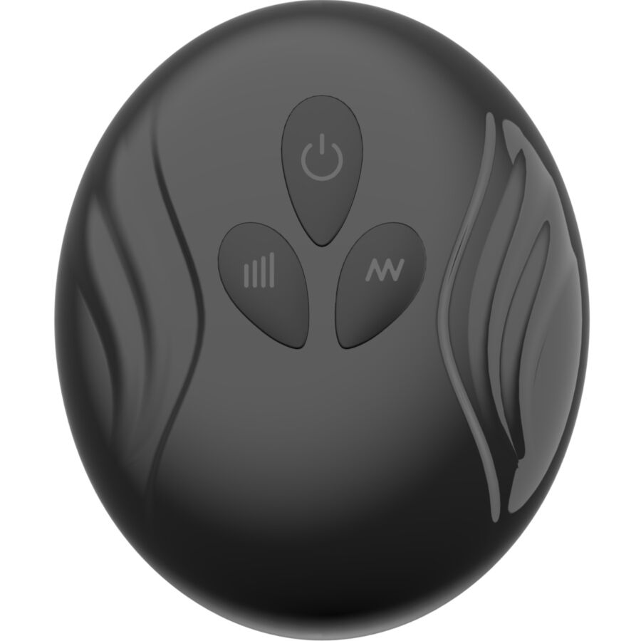 Telecommande noire ovale du Jovi Arc avec bouton marche et touches d'intensite, accessoire de controle a distance de l'anneau de couple vibrant SVibe en silicone.