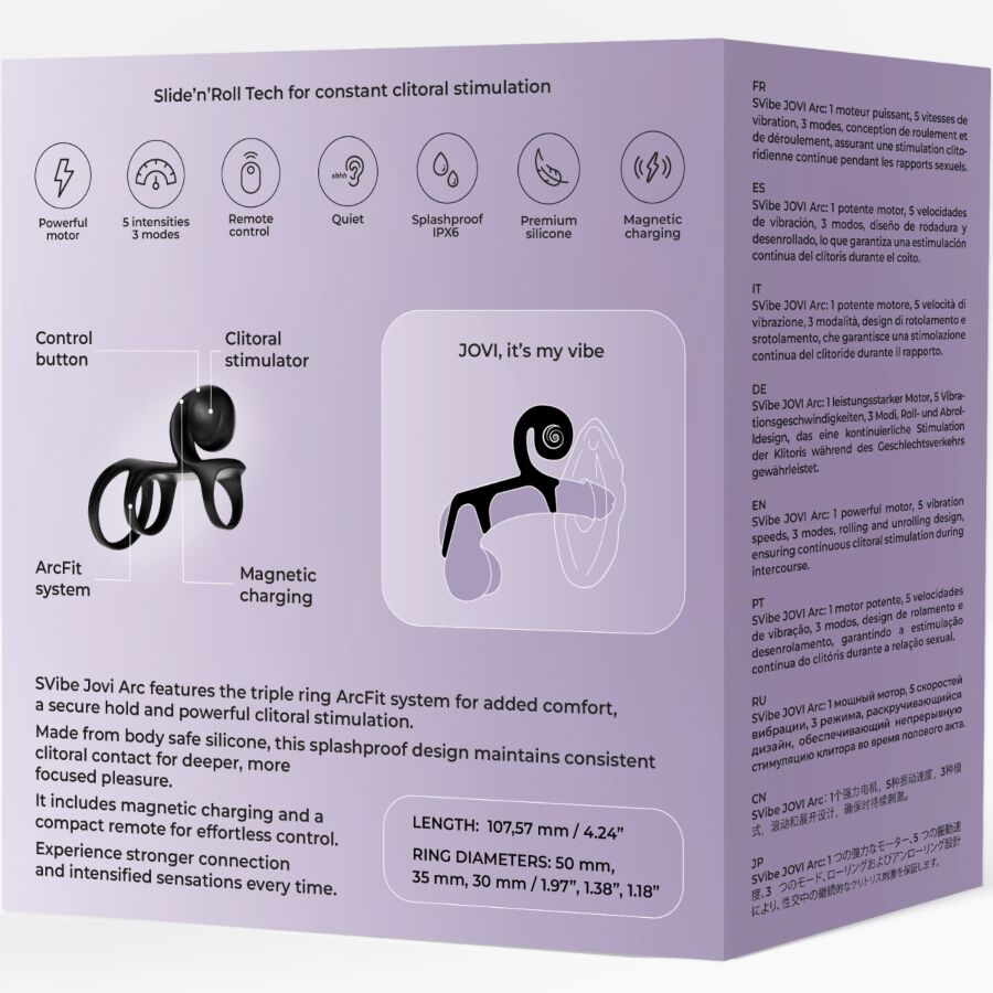 Dos de boite SVibe Jovi Arc avec pictogrammes des fonctions, dimensions et schema de l'anneau, emballage du cockring vibrant couple a telecommande systeme ArcFit.