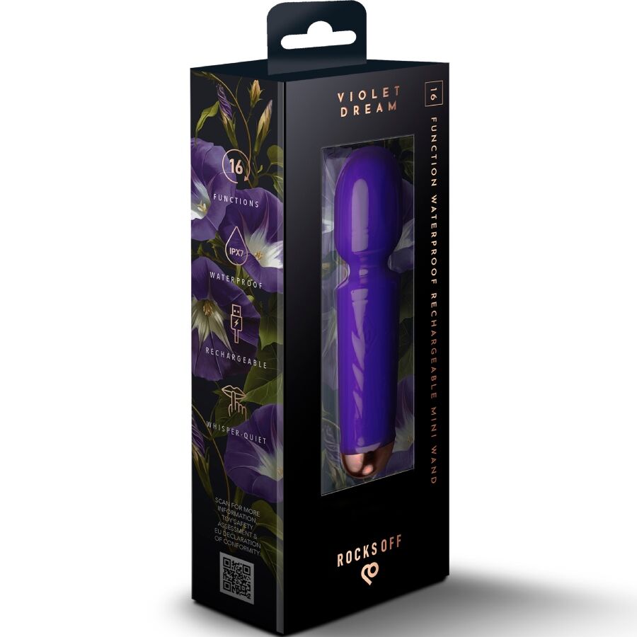 Boîte noire Violet Dream présentant le mini wand violet en vitrine, étiquette 16 fonctions waterproof rechargeable, packaging Rocks-Off de ce vibromasseur compact.