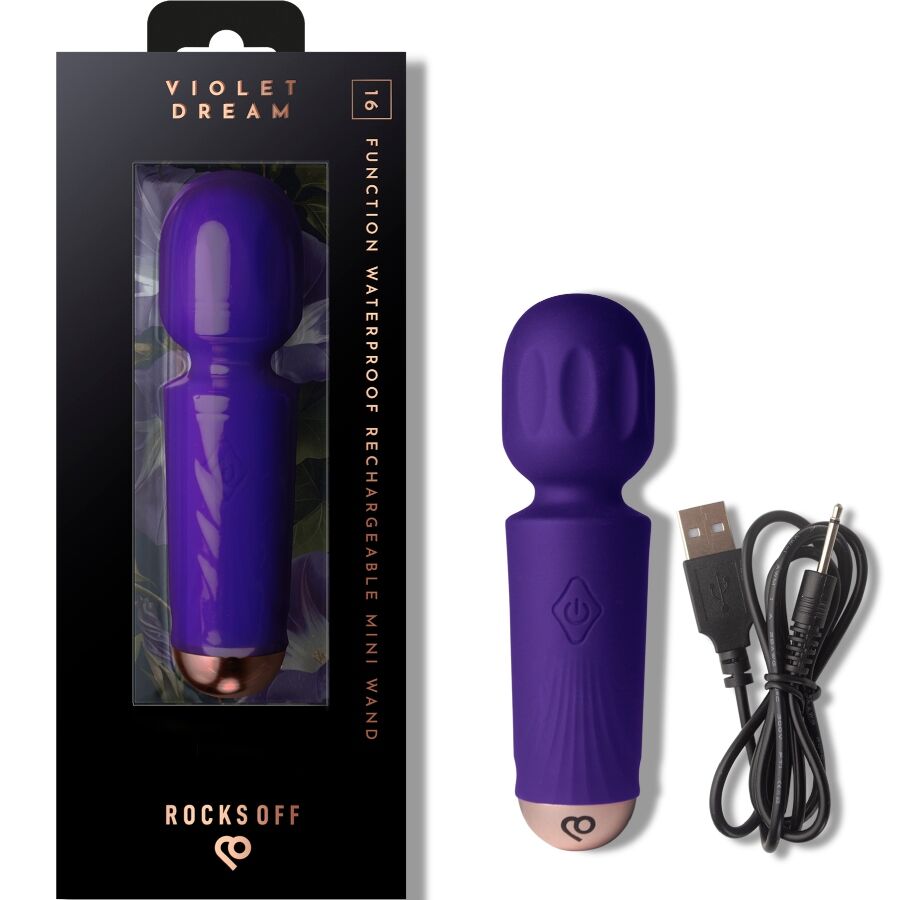 Packaging Violet Dream présentant le mini wand violet 16 fonctions avec son câble USB et le logo Rocks-Off, boîte sobre à pictogrammes sans aucune scène explicite.