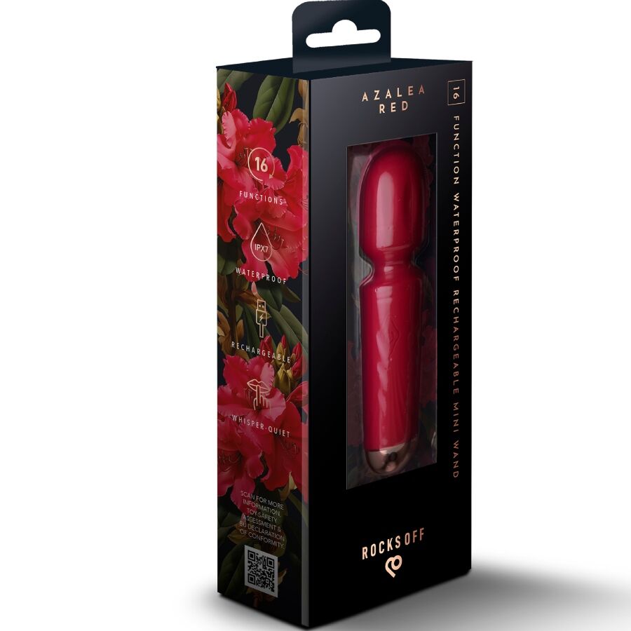 Boîte florale Azalea Red en perspective montrant le mini wand rouge en vitrine, mention 16 fonctions waterproof rechargeable, packaging Rocks-Off du vibromasseur.