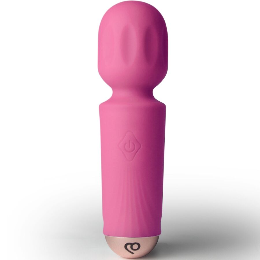 Mini wand vibrant rose vif dressé sur sa base, tête massante double bosse et bouton de commande, vibromasseur compact silicone 16 fonctions rechargeable Rocks-Off.