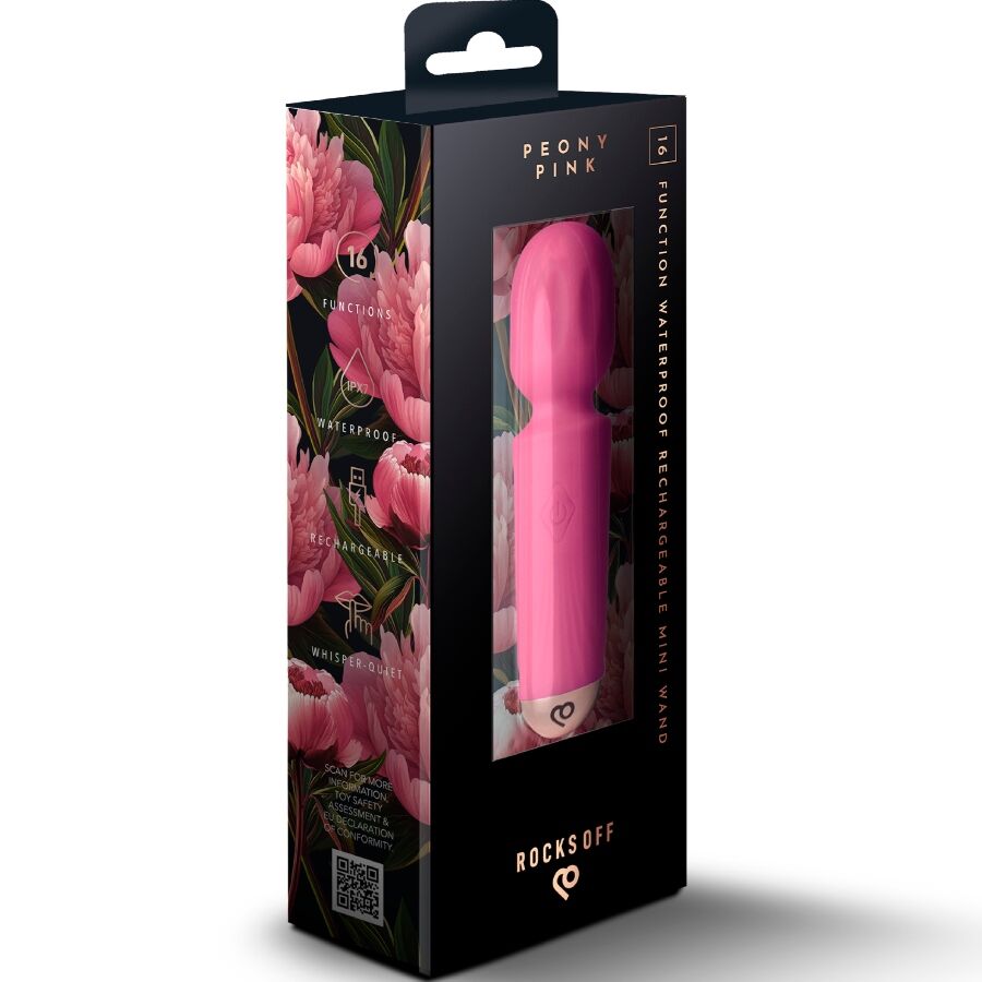 Boîte florale Peony Pink présentant le mini wand rose en vitrine, étiquette 16 fonctions waterproof rechargeable, packaging Rocks-Off de ce vibromasseur compact.