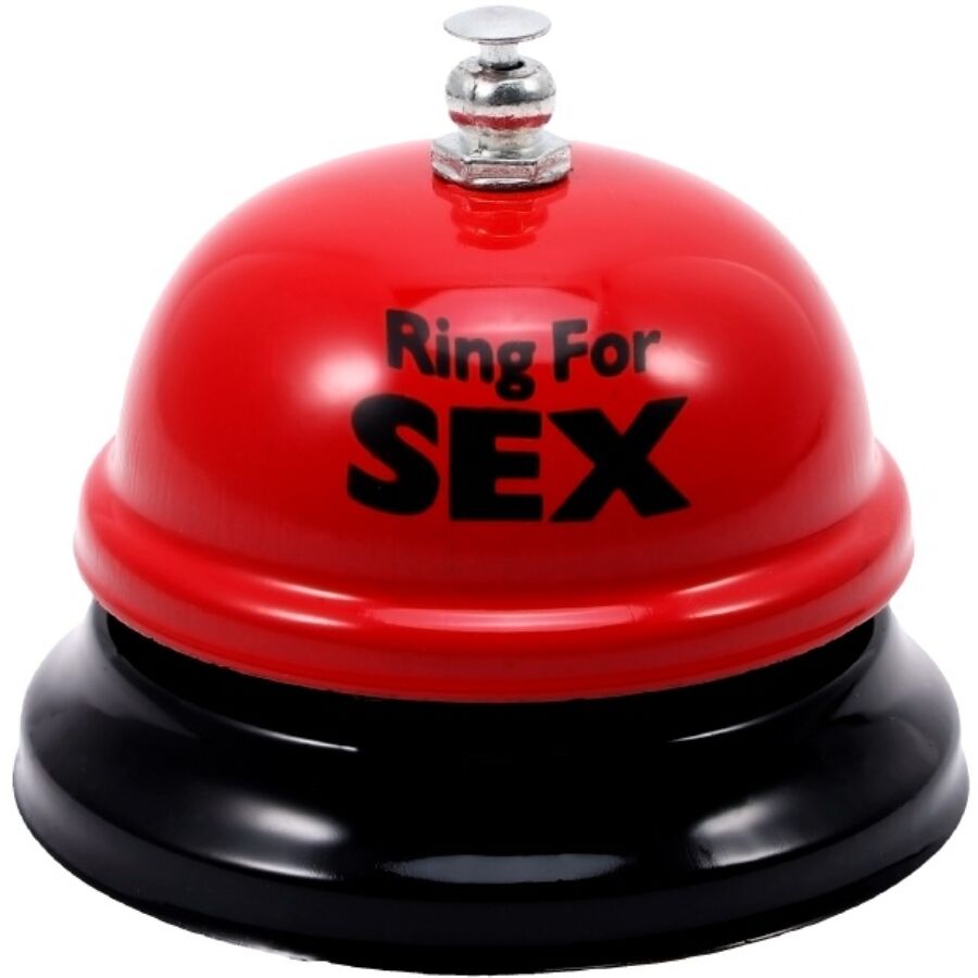 Cloche de bureau rouge et noire avec inscription « Ring For Sex », bouton poussoir chromé sur le dessus
