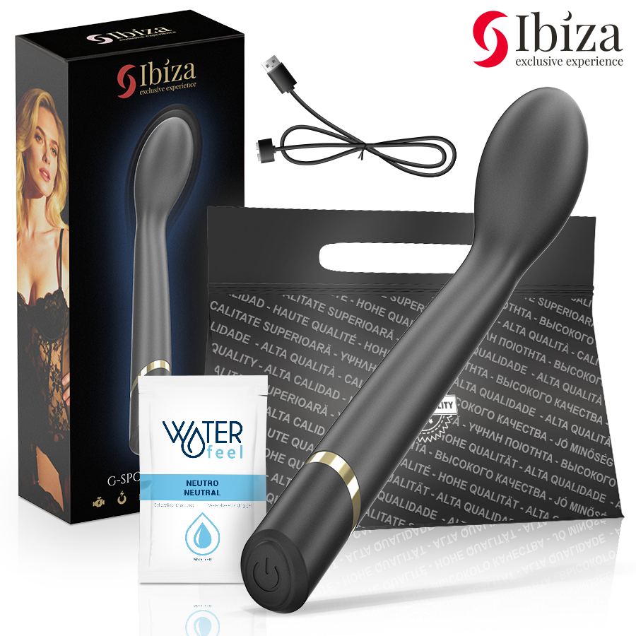 Vibrateur point G Ibiza gris anthracite avec son coffret, câble de recharge USB et sachet de lubrifiant Waterfeel offerts
