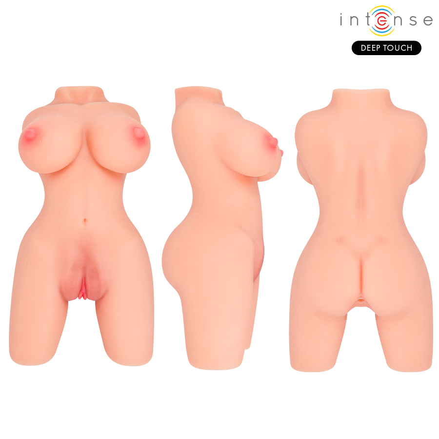 Masturbateur buste Jesse en TPE figurant un torse feminin hyperrealiste vu de face, profil et dos, courbes nues et double orifice penetrable texture.