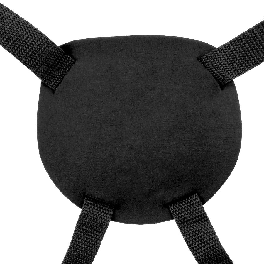 Vue de la plaque arrière souple et rembourrée du harnais gode-ceinture universel, en textile noir avec sangles latérales nylon, pensée pour épouser les contours sans frottement.