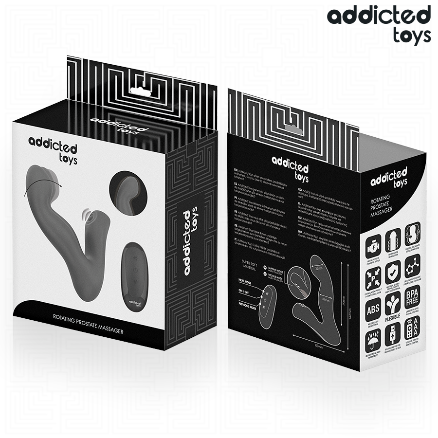 Boite du masseur de prostate oscillant Addicted vue avant et arriere, packaging avec le stimulateur silicone, telecommande et pictogrammes, sans element anatomique.