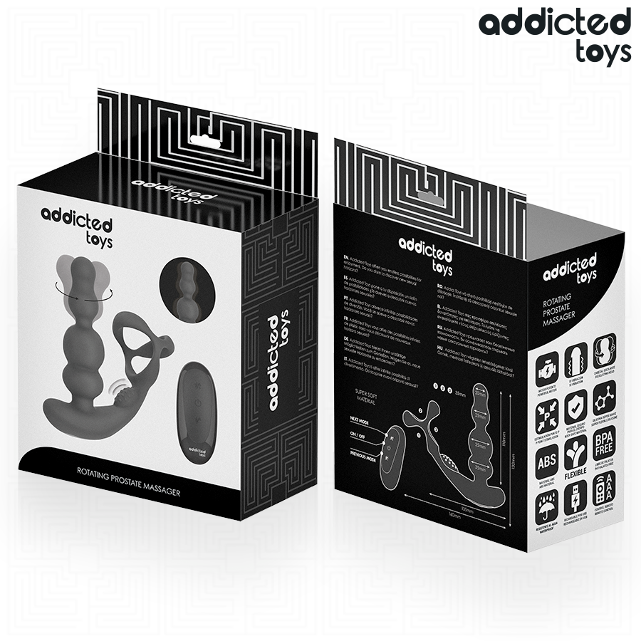 Boite du masseur de prostate rotatif Addicted vue avant et arriere, packaging roving prostate massager avec le stimulateur silicone et pictogrammes, sans anatomie.