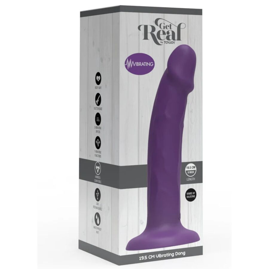 Boite Get Real du gode vibrant realiste violet de 19,5 cm : packaging illustrant la silhouette veinee a gland marque, mention silicone et fonction vibrante.