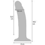 Schema cote du gode vibrant realiste : 19,5 cm de hauteur, 16,5 cm inserables et 3,6 cm de diametre, base ventouse de 8 cm, contour gris a tete realiste.