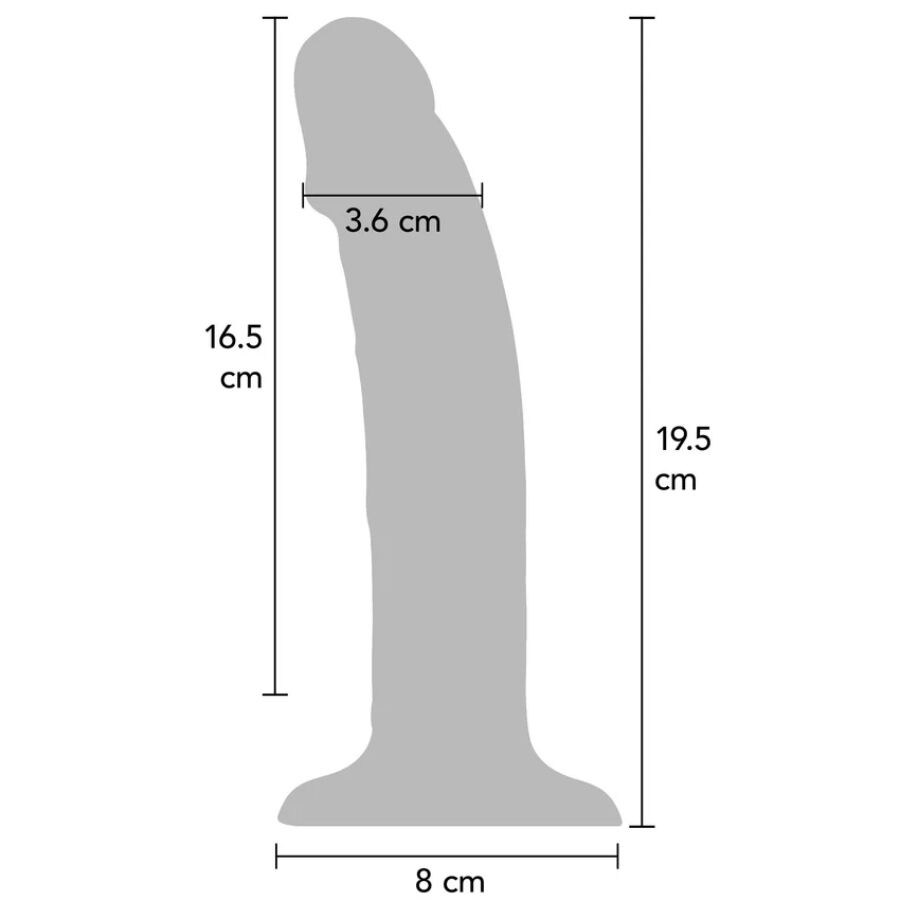 Schema cote du gode vibrant realiste : 19,5 cm de hauteur, 16,5 cm inserables et 3,6 cm de diametre, base ventouse de 8 cm, contour gris a tete realiste.