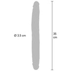 Schema technique du double gode realiste : 35 cm de longueur totale et 3,5 cm de diametre, contour gris a deux extremites phalliques, tige flexible double penetration.