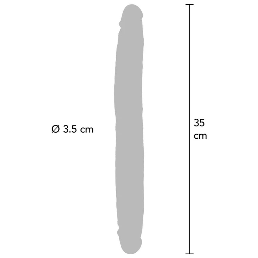 Schema technique du double gode realiste : 35 cm de longueur totale et 3,5 cm de diametre, contour gris a deux extremites phalliques, tige flexible double penetration.