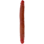 Double gode realiste a deux extremites, axe vertical chair fonce : deux glands marques rouge-brun, veinage le long de la tige et prepuce mobile, double densite effet peau.