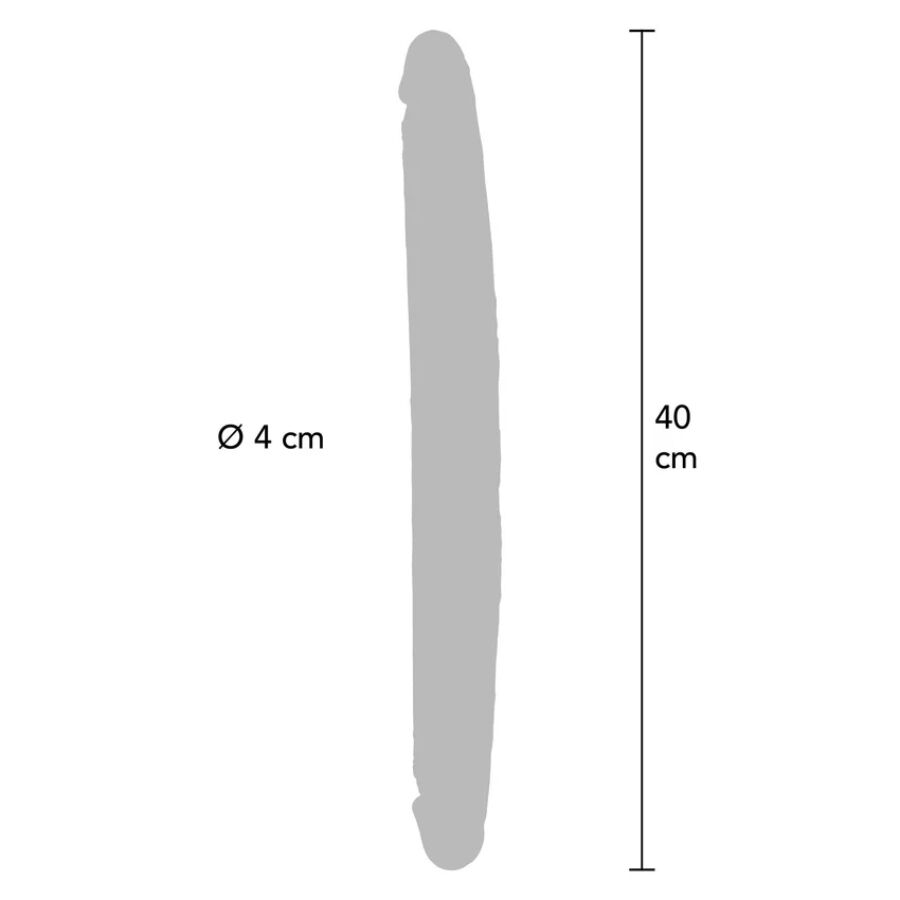 Schema technique du double gode realiste : 40 cm de longueur et 4 cm de diametre, contour gris a deux extremites phalliques, tige flexible pour double penetration.