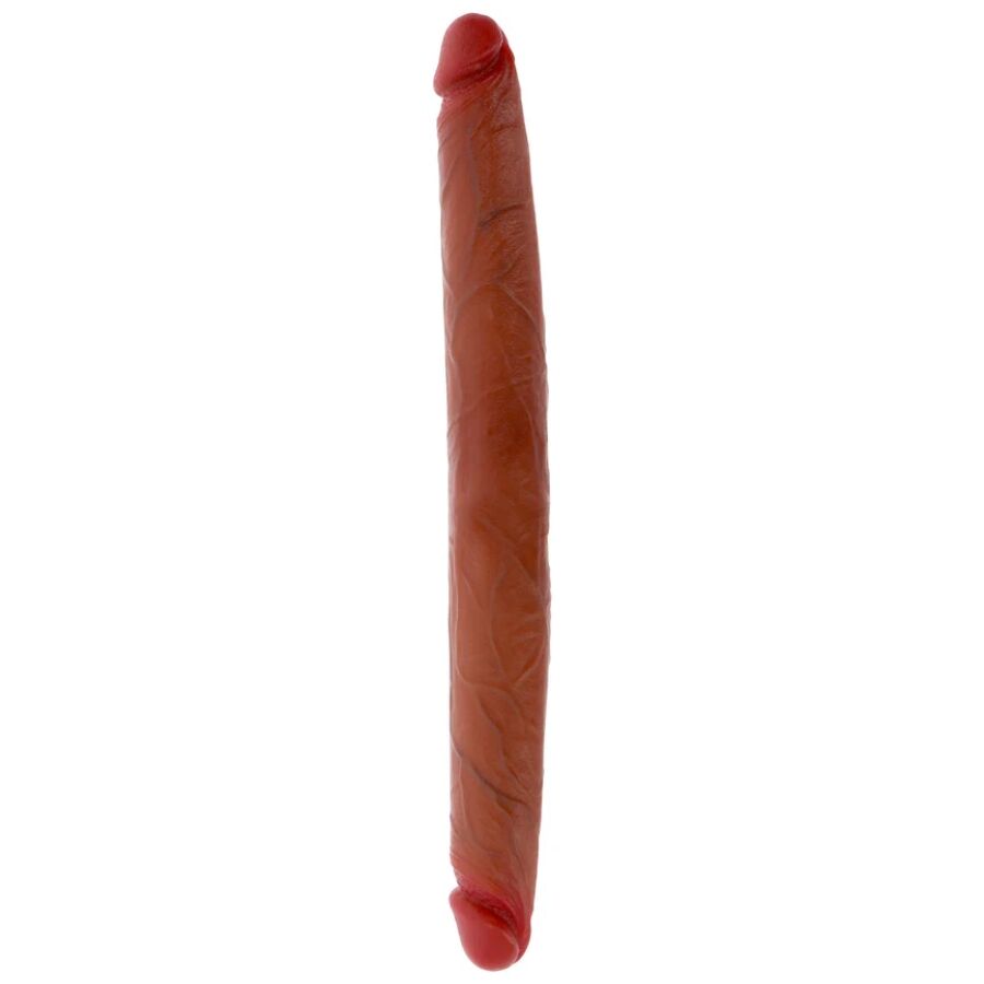 Double gode realiste Get Real Skin a prepuce mobile, axe vertical : deux extremites a gland detaille rouge-brun, veinage marque et tige souple double densite effet peau.