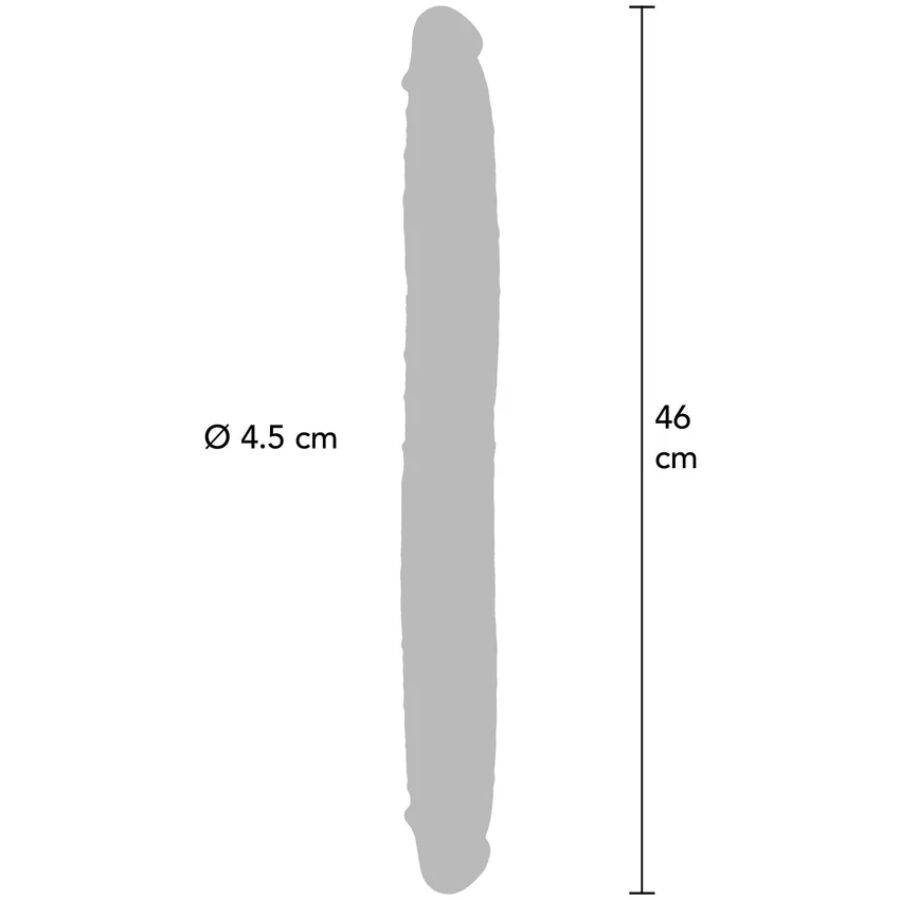 Schema technique du double gode realiste : 46 cm de longueur et 4,5 cm de diametre, contour gris a deux extremites phalliques, tige flexible pour double penetration.