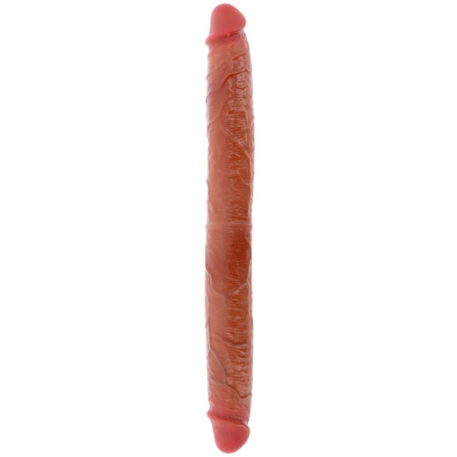 Double gode realiste Get Real Skin a prepuce mobile, profil vertical chair claire : deux extremites a gland detaille et veines, tige flexible double densite effet peau.