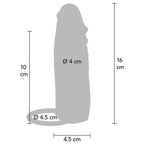 Schema technique de la gaine penienne : 16 cm de longueur, 10 cm de canal interne et 4 cm de diametre, contour gris phallique avec anneau de 4,5 cm a la base.
