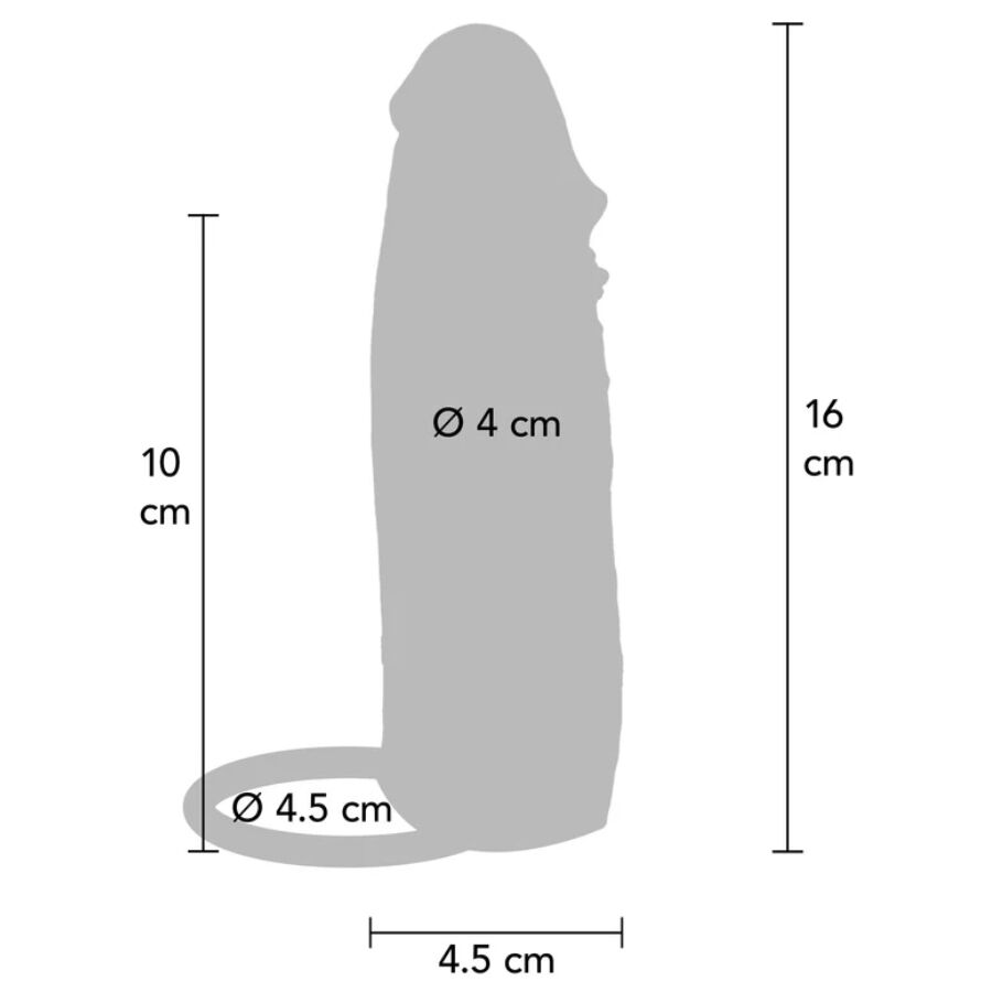 Schema technique de la gaine penienne : 16 cm de longueur, 10 cm de canal interne et 4 cm de diametre, contour gris phallique avec anneau de 4,5 cm a la base.