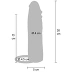 Schema technique de la gaine penienne 20 cm : 13 cm de canal interne et 4 cm de diametre, contour gris phallique avec anneau de 4,5 cm et base de 5 cm.