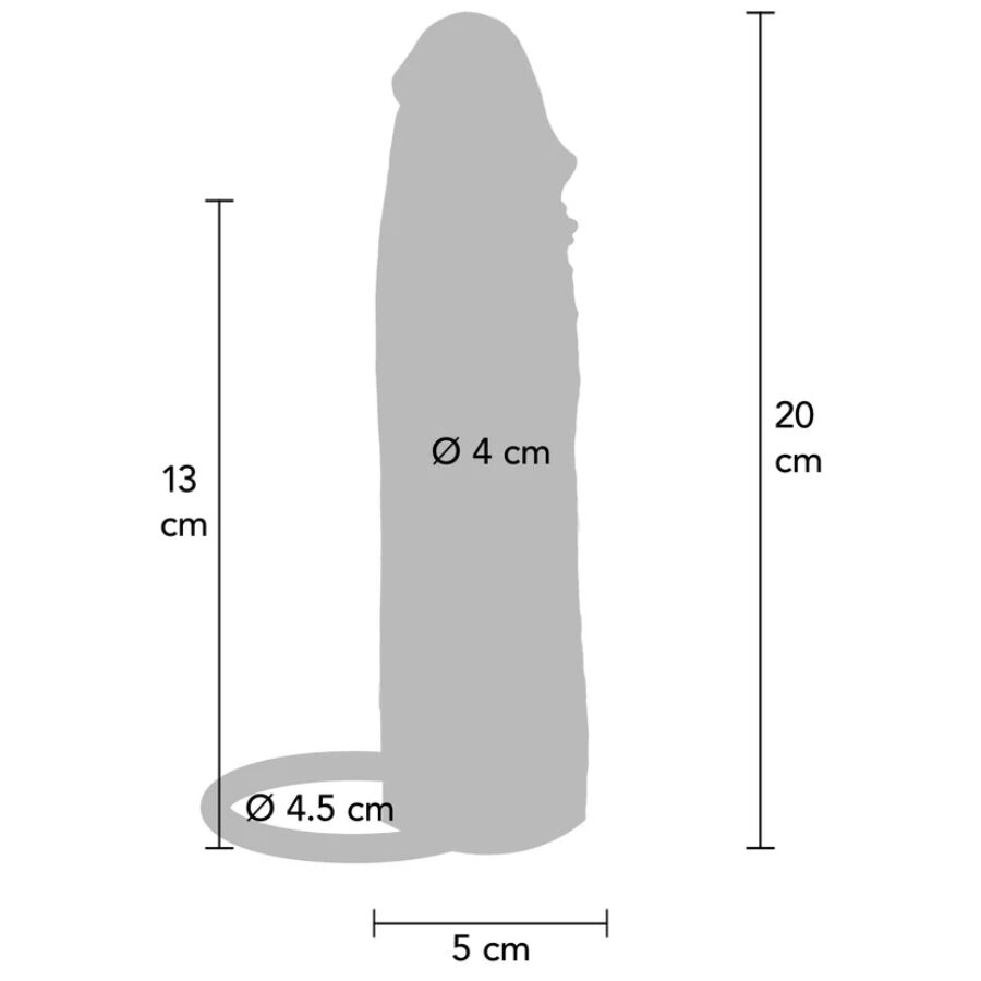 Schema technique de la gaine penienne 20 cm : 13 cm de canal interne et 4 cm de diametre, contour gris phallique avec anneau de 4,5 cm et base de 5 cm.
