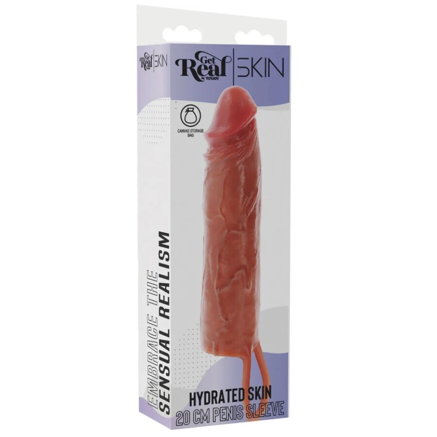 Boite Get Real Skin Sensual Realism de la gaine penienne 20 cm : packaging Hydrated Skin illustrant la gaine effet peau a gland marque et anneau de maintien souple.