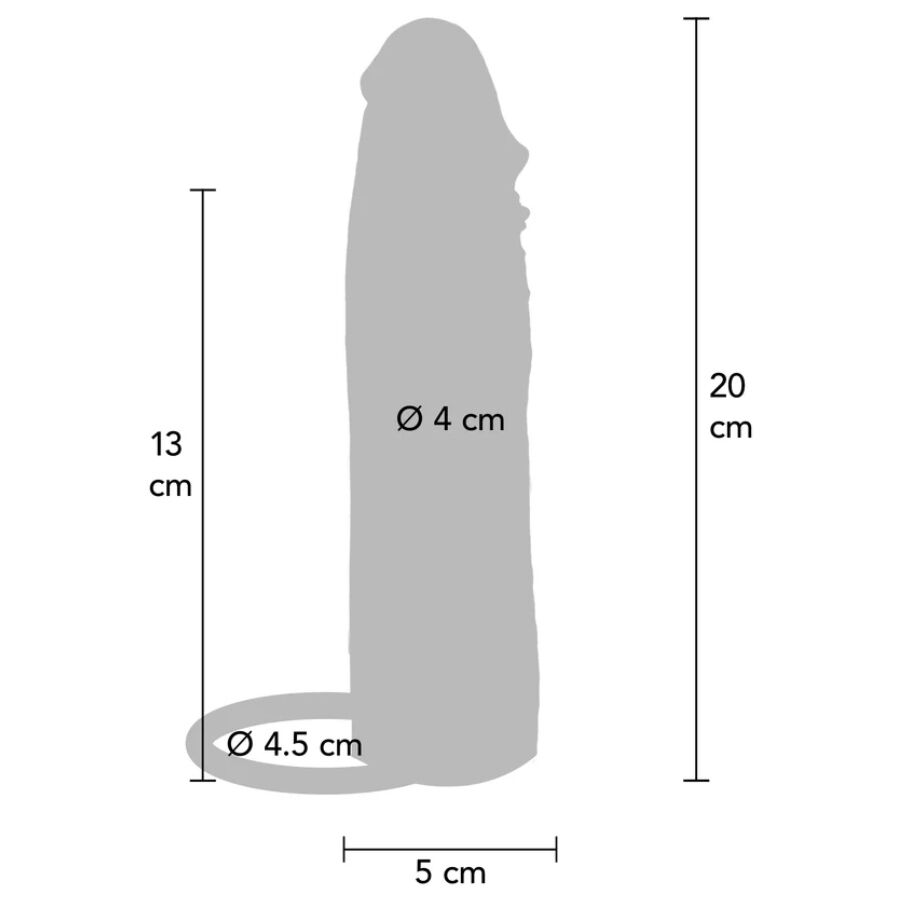 Schema technique de la gaine penienne vibrante 20 cm : 13 cm de canal interne et 4 cm de diametre, contour gris phallique avec anneau de 4,5 cm et base de 5 cm.