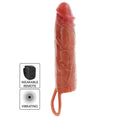 Gaine penienne vibrante realiste double couche, profil avec pictogrammes vibration : ton chair fonce, gland marque, veines saillantes et anneau testiculaire de maintien.