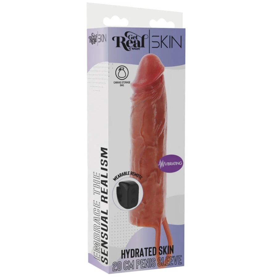 Boite Get Real Skin Sensual Realism de la gaine penienne vibrante : packaging Hydrated Skin illustrant la gaine effet peau a gland marque, telecommande et vibration.