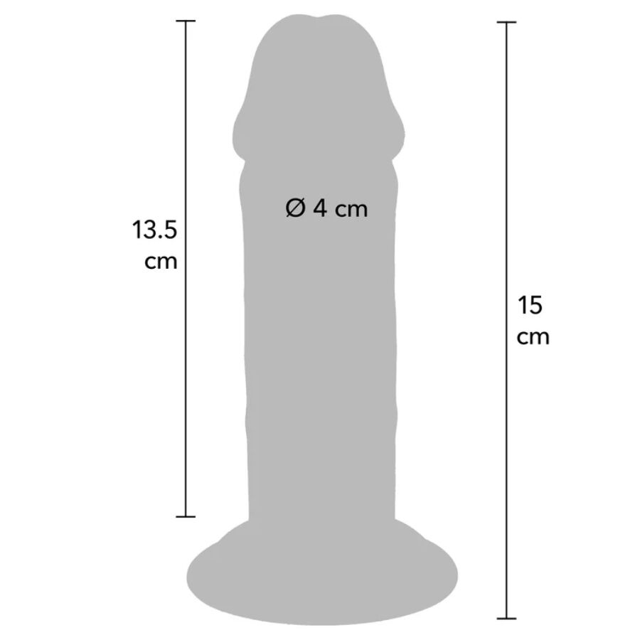 Schema cote du gode realiste Get Real avec longueur 15 cm, partie inserable 13,5 cm et diametre 4 cm, silhouette anatomique extra epaisse a gland et ventouse.