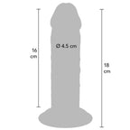 Schema cote du gode realiste Get Real 18 cm avec partie inserable 16 cm et diametre 4,5 cm, silhouette anatomique extra epaisse a gland et base ventouse mains libres.