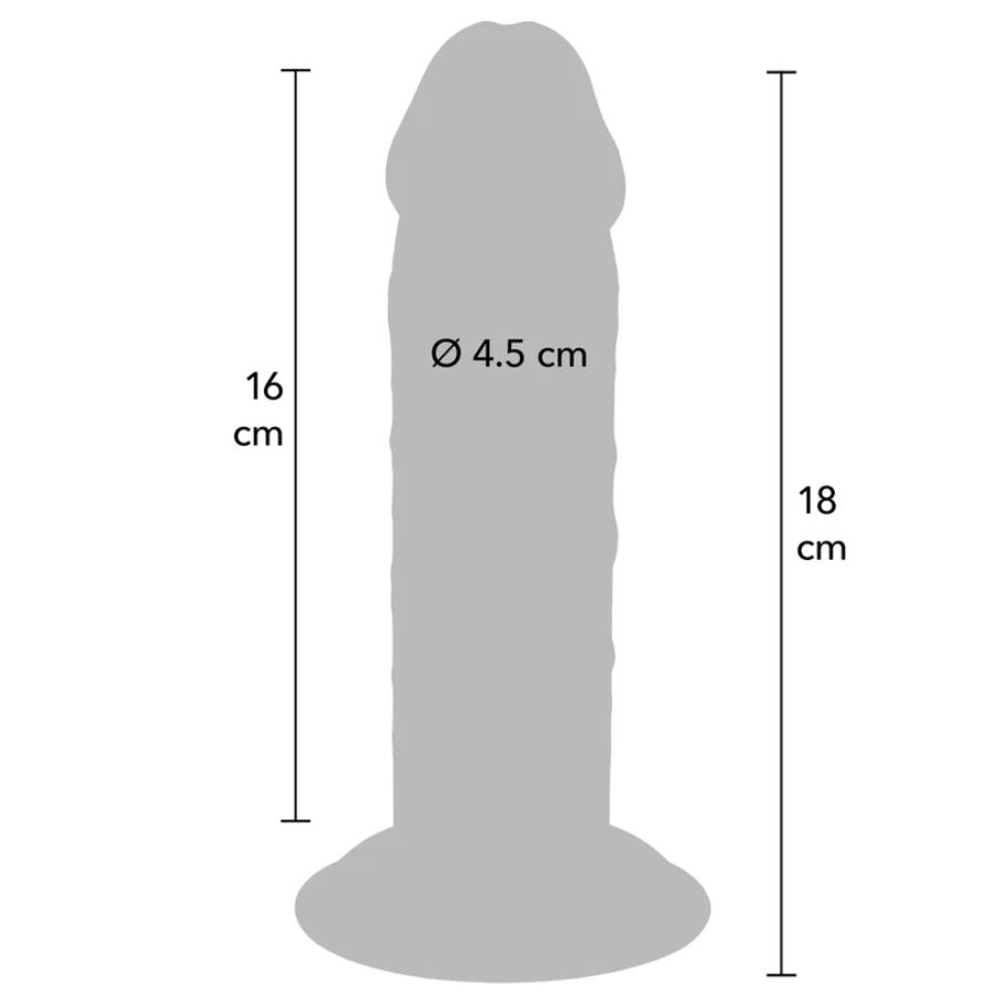 Schema cote du gode realiste Get Real 18 cm avec partie inserable 16 cm et diametre 4,5 cm, silhouette anatomique extra epaisse a gland et base ventouse mains libres.