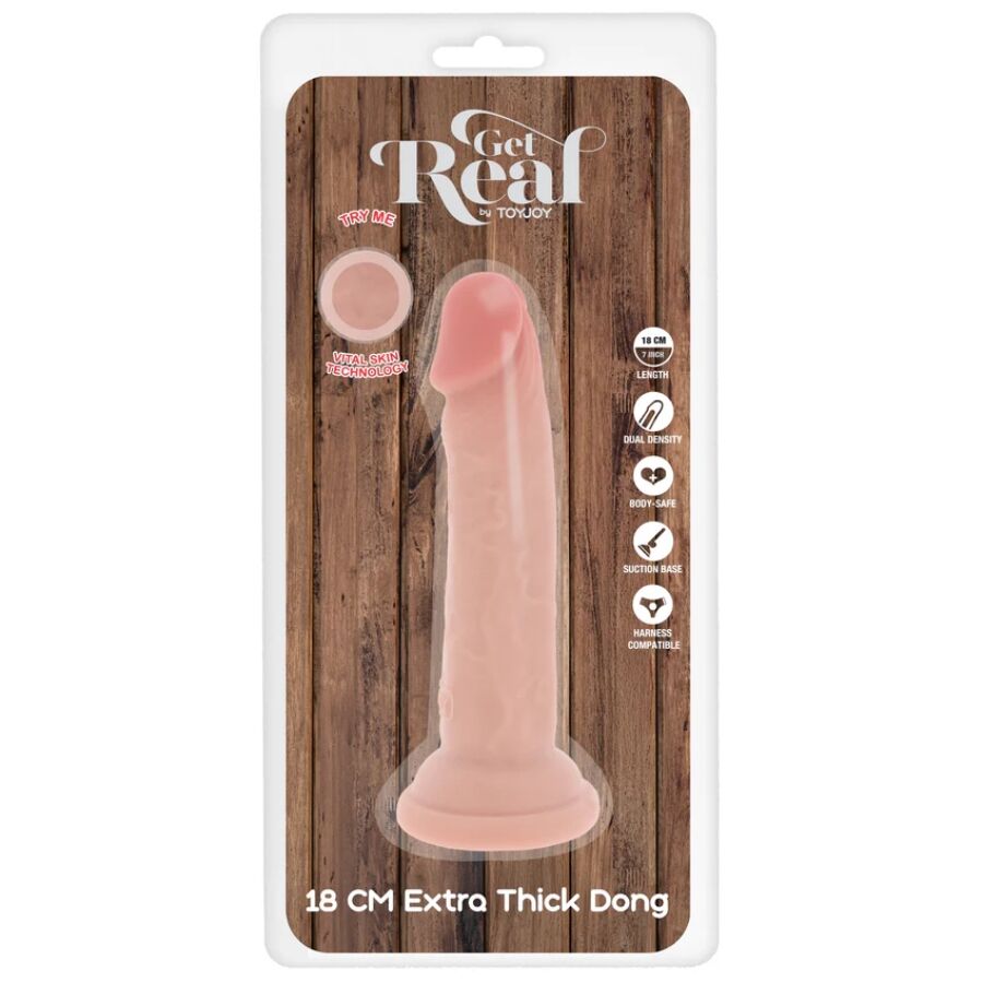 Boite Get Real Toy Joy du dong extra epais 18 cm, packaging bois illustrant le gode chair realiste a gland et ventouse, gamme silicone double densite effet peau.