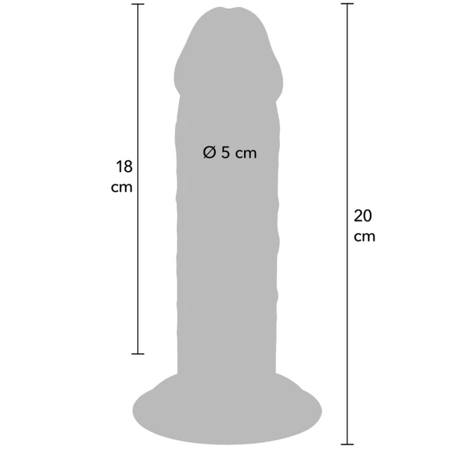 Schema cote du gode realiste Get Real 20 cm avec partie inserable 18 cm et diametre 5 cm, silhouette anatomique extra epaisse a gland et base ventouse mains libres.