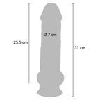Schema cote du gode realiste Get Real a testicules, longueur 31 cm, partie inserable 25,5 cm et diametre 7 cm, silhouette anatomique a gland et base ventouse mains libres.
