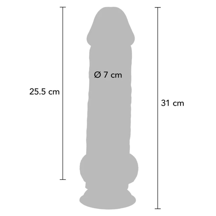 Schema cote du gode realiste Get Real a testicules, longueur 31 cm, partie inserable 25,5 cm et diametre 7 cm, silhouette anatomique a gland et base ventouse mains libres.