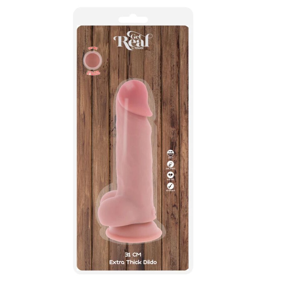 Boite Get Real Toy Joy du dildo extra epais 31 cm a testicules, packaging bois illustrant le gode chair realiste a gland et ventouse, gamme silicone double densite.