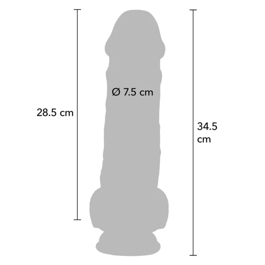Schema cote du gode realiste Get Real a testicules, longueur 34,5 cm, partie inserable 28,5 cm et diametre 7,5 cm, silhouette anatomique a gland et base ventouse mains libres.