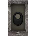 Boîte Je Joue présentant l'anneau Mio noir derrière la fenêtre transparente, fond de plume gris et mention strong and flexible cock ring imprimée en pied du packaging sur fond blanc.