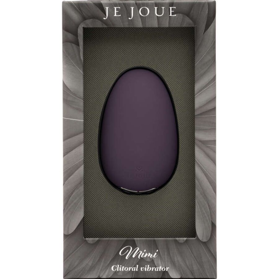Boîte grise Je Joue du Mimi, fenêtre dévoilant le galet violet en silicone et libellé « Clitoral vibrator », packaging soigné aux motifs plumes en arrière-plan.