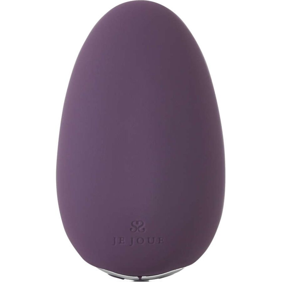 Vibrateur MiMi violet présenté debout de face, corps en goutte lisse signé Je Joue, logo discret et socle de recharge au pied, objet compact sans aspect anatomique.