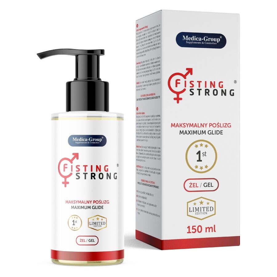 Flacon pompe et boîte du Fisting Strong côte à côte, gel lubrifiant anal 150 ml