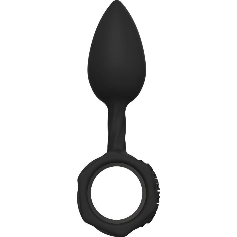 Plug anal Bathmate en silicone noir à corps allongé conique et anneau de préhension strié, taille intermédiaire du coffret d'initiation anale progressive.