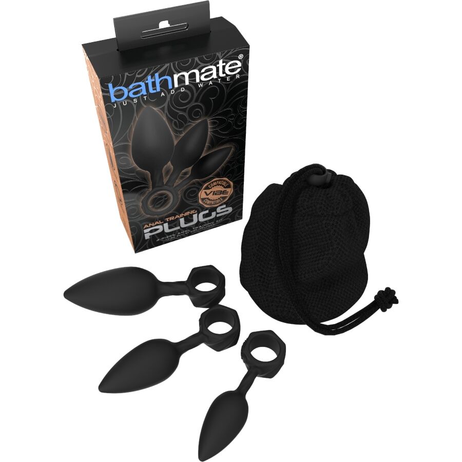 Kit d'initiation anale Bathmate présenté avec sa boîte : trois plugs en silicone noir à extrémité effilée et pochette de rangement, pour une progression douce.