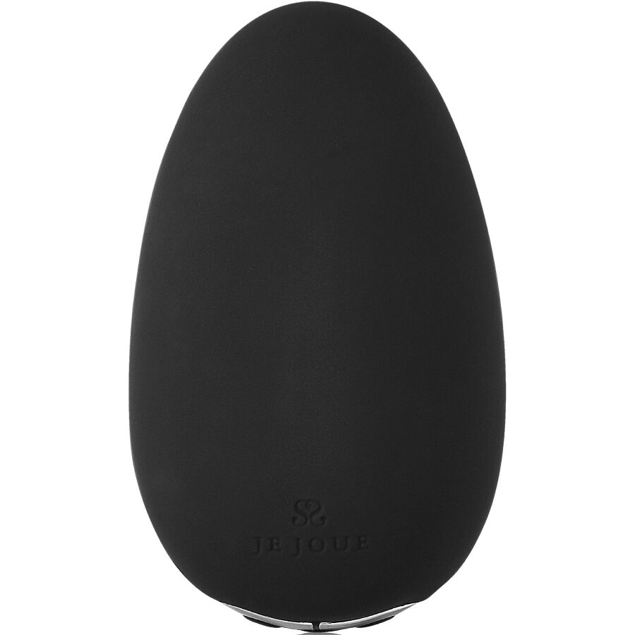 Vibrateur clitoral MiMi noir présenté debout de face, forme de goutte arrondie en silicone mat, socle métallique de recharge magnétique au pied, sans détail anatomique.