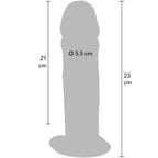 Schema cote du gode realiste Get Real 23 cm avec partie inserable 21 cm et diametre 5,5 cm, silhouette anatomique extra epaisse a gland et base ventouse mains libres.